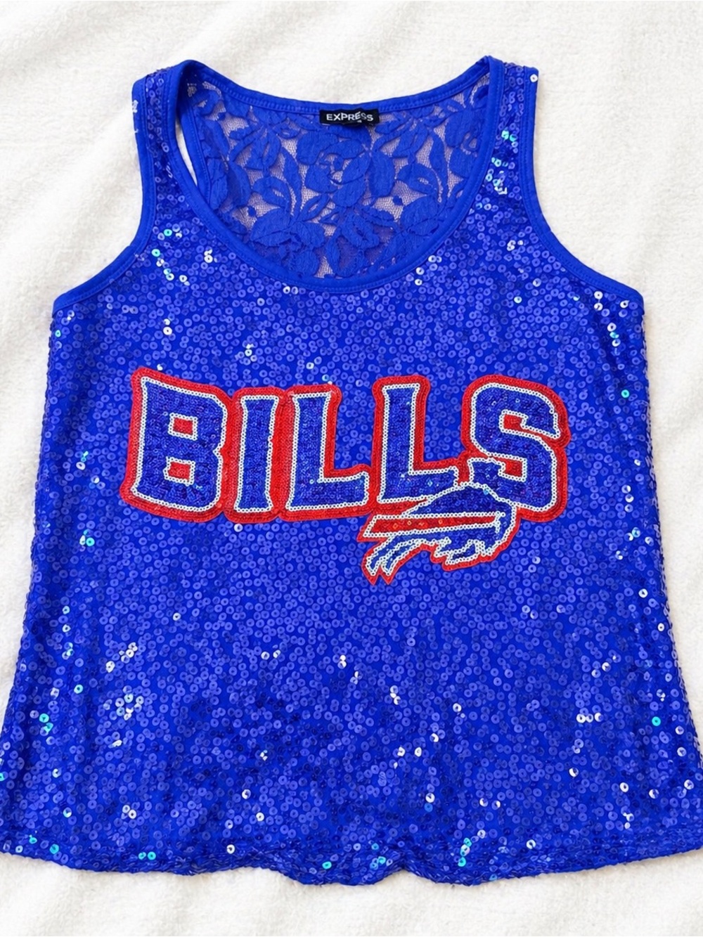 Express Royal Blue Sequin Bills Lace-Back Tank